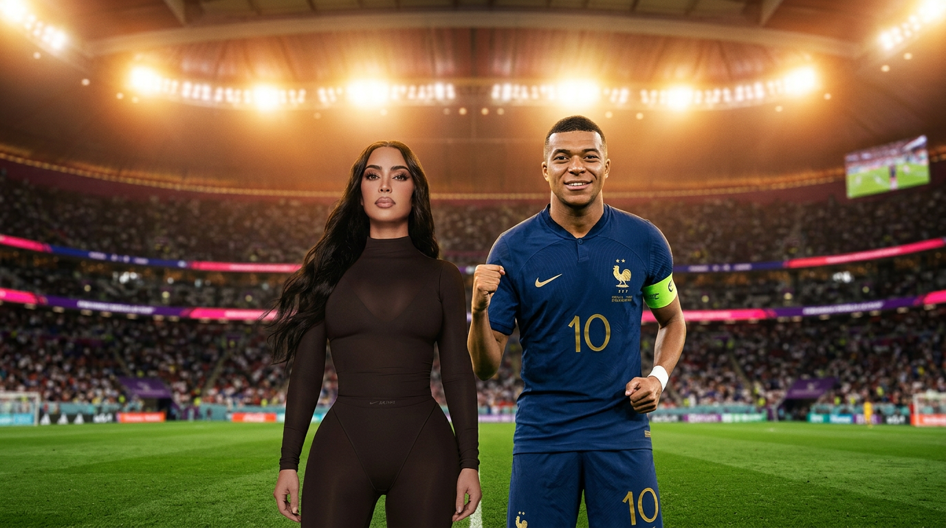 A glamorous celebrity woman in a sleek black dress and a famous footballer in a tailored athletic suit standing together under dramatic golden stadium lights