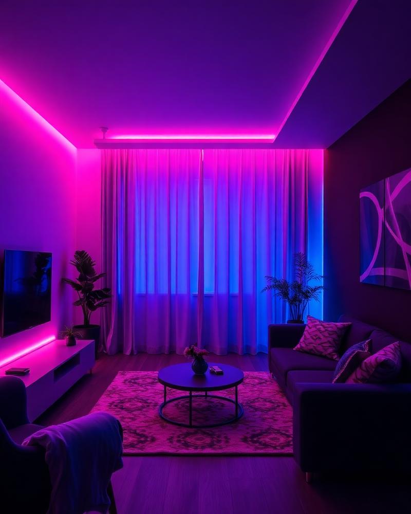 Neon-lit moody apartment interior