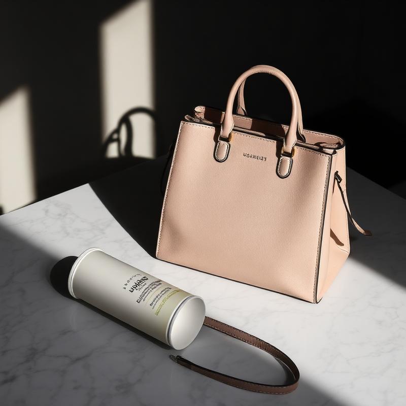 Designer handbag and discarded coffee cup on marble
